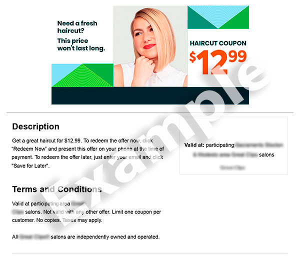 Haircut coupon with terms and code 'LD3RRY', and an image of a woman.