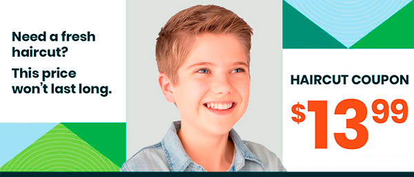 Promotional banner featuring a boy with a haircut and a $13.99 price.