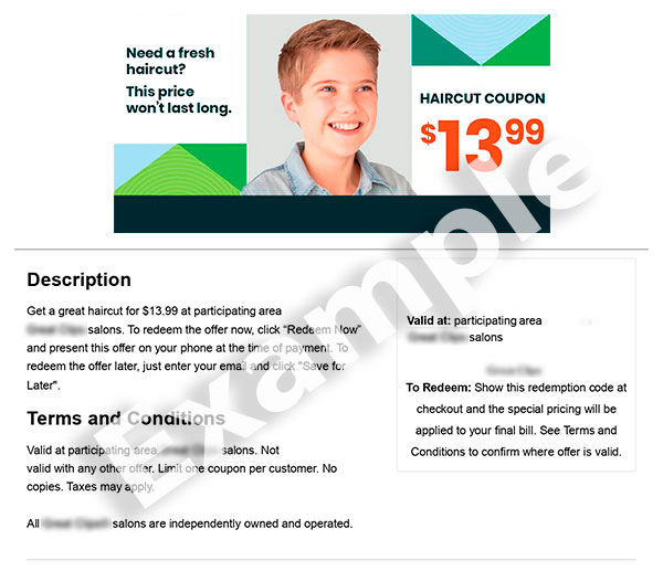 GC advertisement for a $13.99 haircut deel with code HLXTAY and terms.