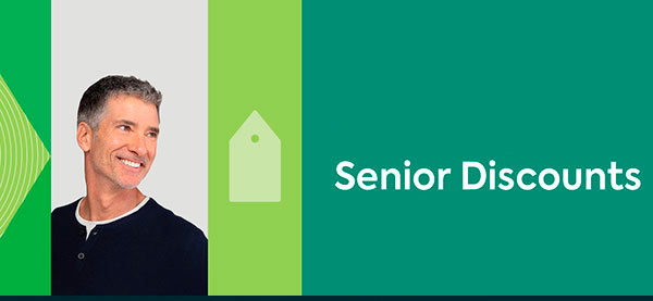Happy senior man and a green tag on a dual-tone background.