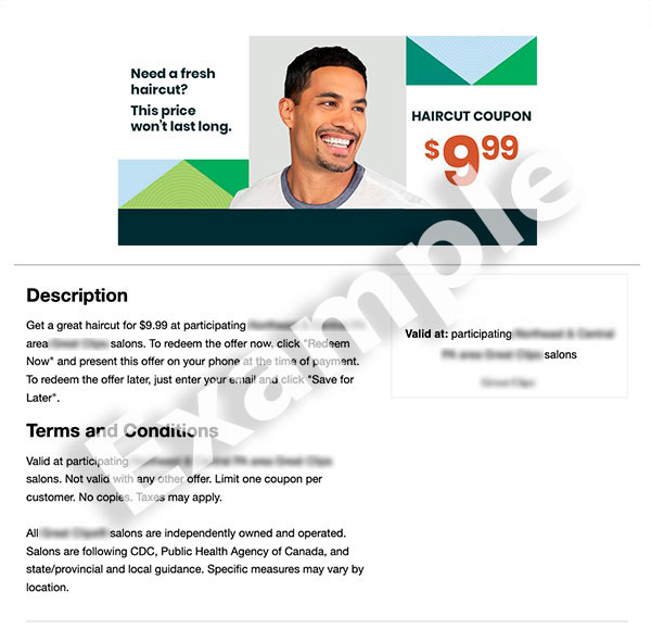 Example of Coupon; includes a photo of a man with a haircut, offer details, terms, and an expiration code.
